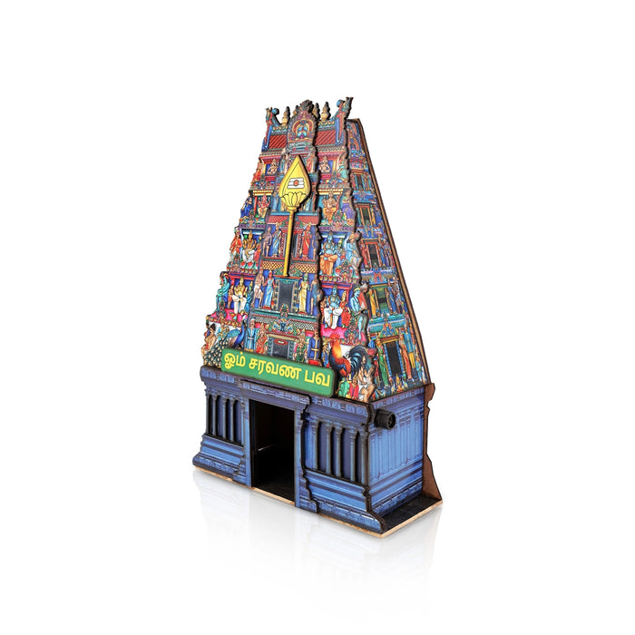 Om Saravana Bhava Temple Tower With LED- 11 X 7 Inches | Wooden Table Decor/ Mini Pooja Mandapam For Home Decor - Table Stand Accessories