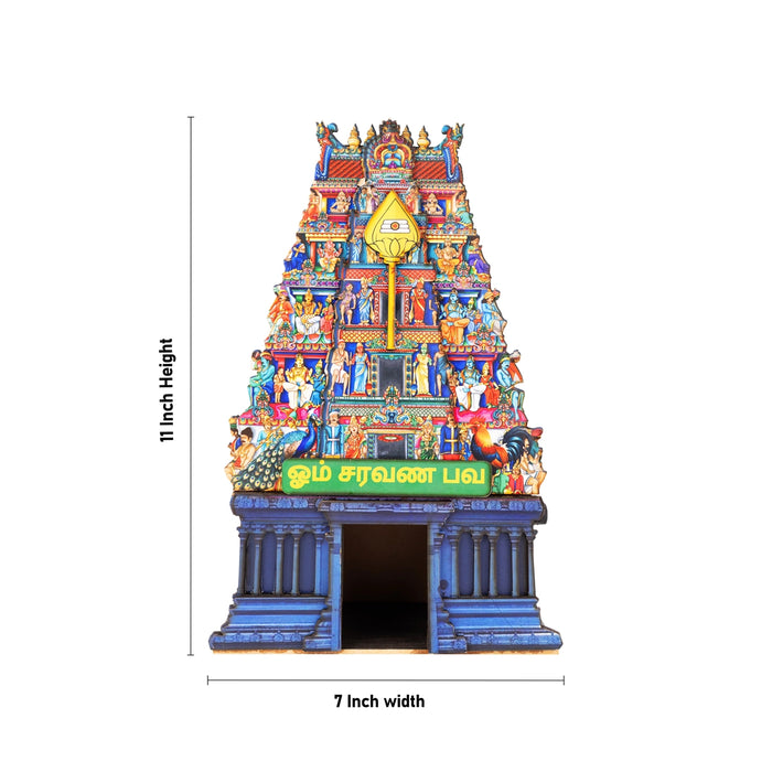 Om Saravana Bhava Temple Tower With LED- 11 X 7 Inches | Wooden Table Decor/ Mini Pooja Mandapam For Home Decor - Table Stand Accessories