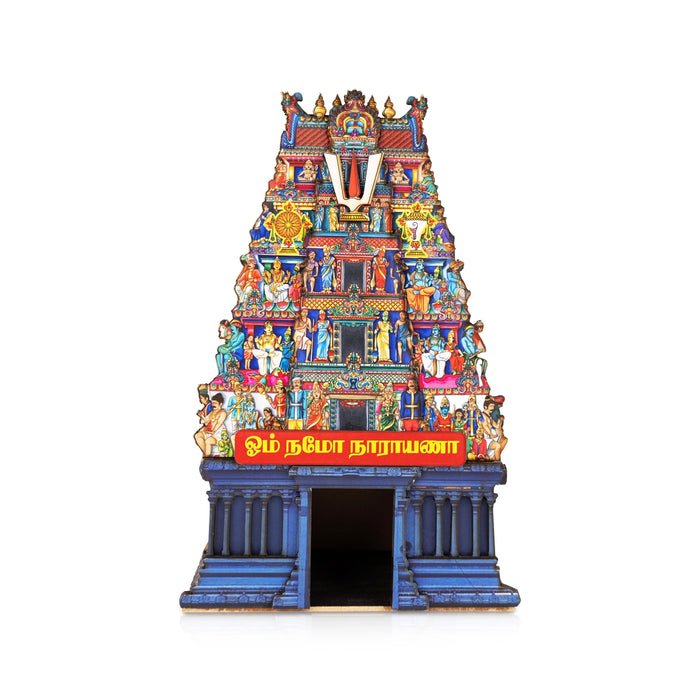 Om Namo Narayana Temple Tower With LED- 11 X 7 Inches | Wooden Table Decor/ Mini Pooja Mandapam For Home Decor - Table Stand Accessories