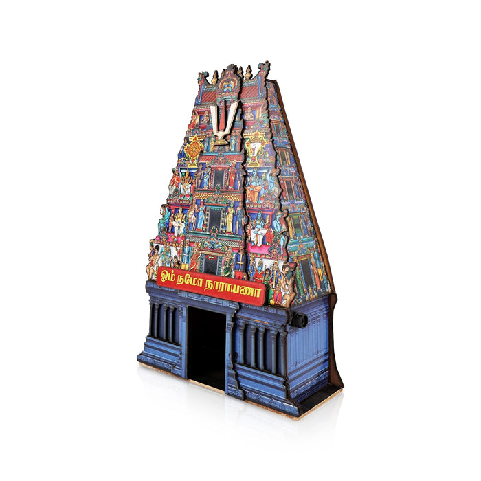 Om Namo Narayana Temple Tower With LED- 11 X 7 Inches | Wooden Table Decor/ Mini Pooja Mandapam For Home Decor - Table Stand Accessories