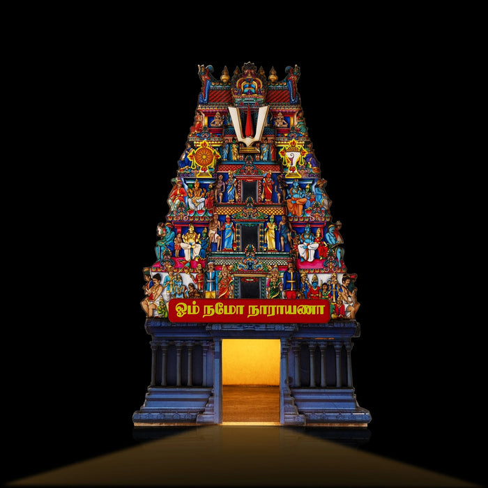 Om Namo Narayana Temple Tower With LED- 11 X 7 Inches | Wooden Table Decor/ Mini Pooja Mandapam For Home Decor - Table Stand Accessories