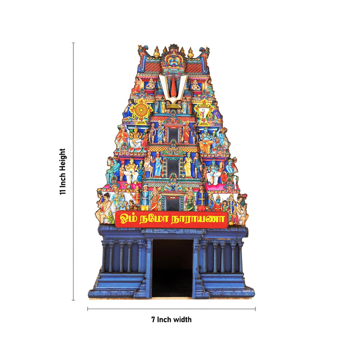 Om Namo Narayana Temple Tower With LED- 11 X 7 Inches | Wooden Table Decor/ Mini Pooja Mandapam For Home Decor - Table Stand Accessories