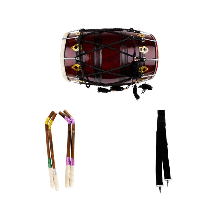 Punjabi Model Dhol Instrument - 24.5 X 13 Inches | Wooden Hand Drum/ Music Instrument For Folk Dance - Percussion Instruments