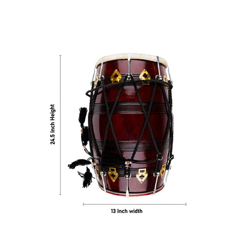 Punjabi Model Dhol Instrument - 24.5 X 13 Inches | Wooden Hand Drum/ Music Instrument For Folk Dance - Percussion Instruments