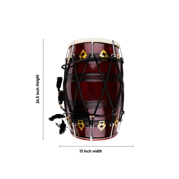 Punjabi Model Dhol Instrument - 24.5 X 13 Inches | Wooden Hand Drum/ Music Instrument For Folk Dance - Percussion Instruments