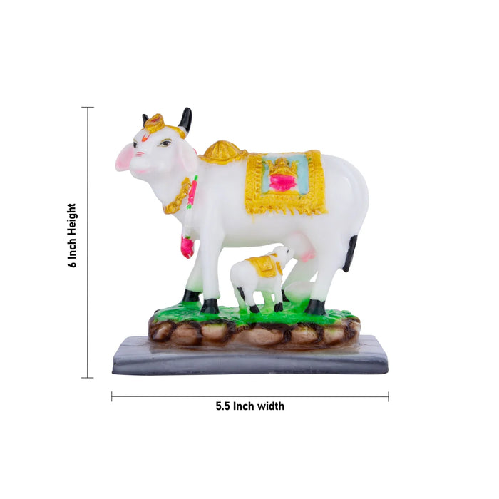 Cow and Calf Idol - 6 x 5.5 Inches | Kamadhenu Statue/ Cow Calf Idol for Pooja