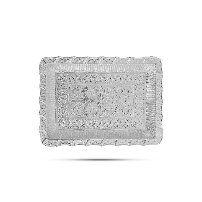 Fancy Tray - 8 x 11 Inches | Serving Tray/ Decorative Thali Plate / Silver Polish Pooja Plate / Tray For Home - Pooja Plate & Tray