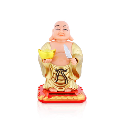 Solar Powered Laughing Buddha Statue With Waving Fan - 4 x 2.5 inches | Happy Man Idol/ Buddha Decor - Fibre Murties