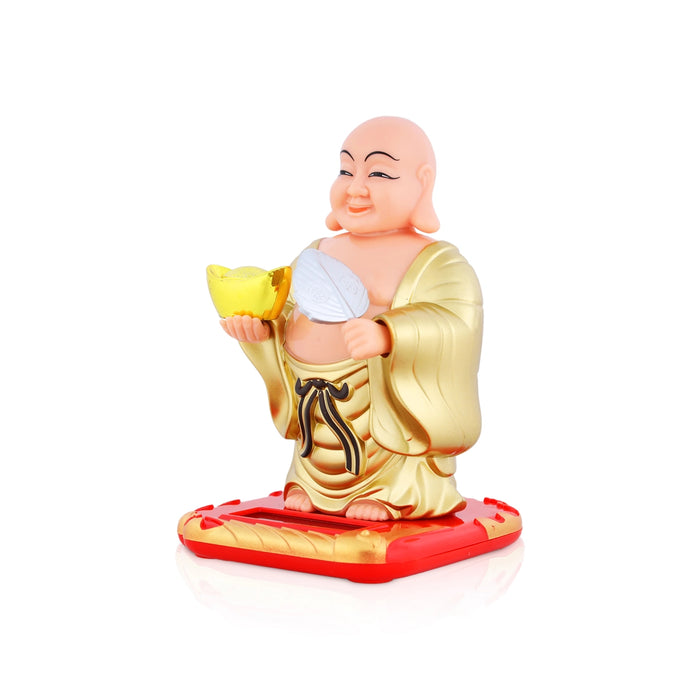 Solar Powered Laughing Buddha Statue With Waving Fan - 4 x 2.5 inches | Happy Man Idol/ Buddha Decor - Fibre Murties