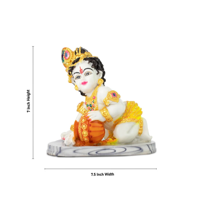 Butter Krishna Idol - 7 x 7.5 Inches | Marble Dust Vennai Kannan/ Krishna Idol with Butter for Pooja