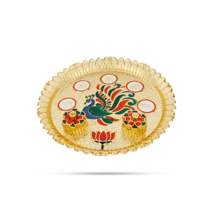 Kumkum Box With Plate - 8 Inches | Kumkum Bharani With Tray/ Peacock With Lotus Design Plate for Pooja - Sindoor Box