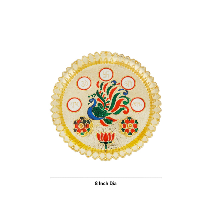 Kumkum Box With Plate - 8 Inches | Kumkum Bharani With Tray/ Peacock With Lotus Design Plate for Pooja - Sindoor Box