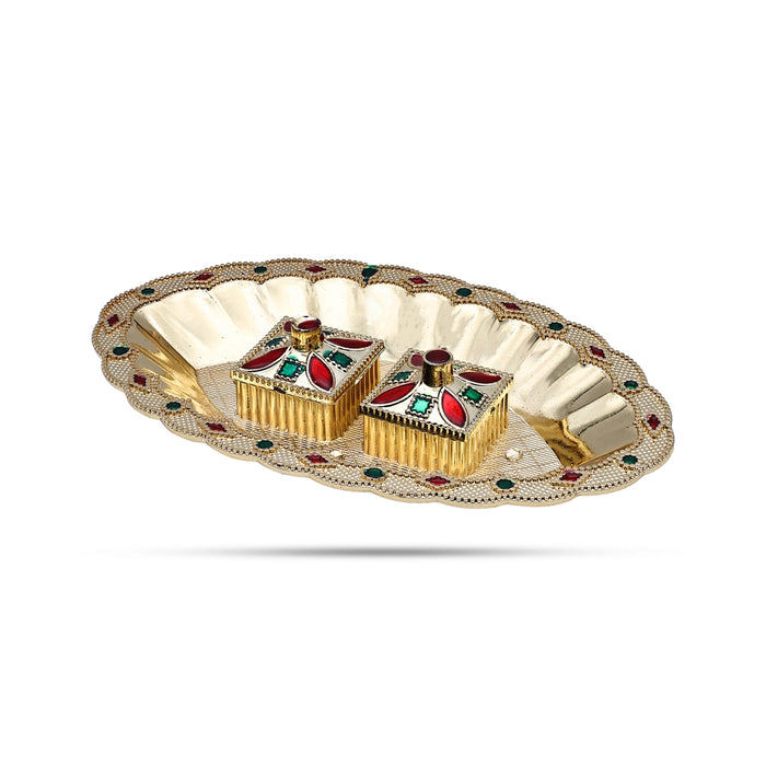 Kumkum Bharani With Plate - 0.75 X 6 Inches | Decorated Sindoor Pot/ Kumkum Box/ Kumkum Pot For Pooja - Sindoor Box