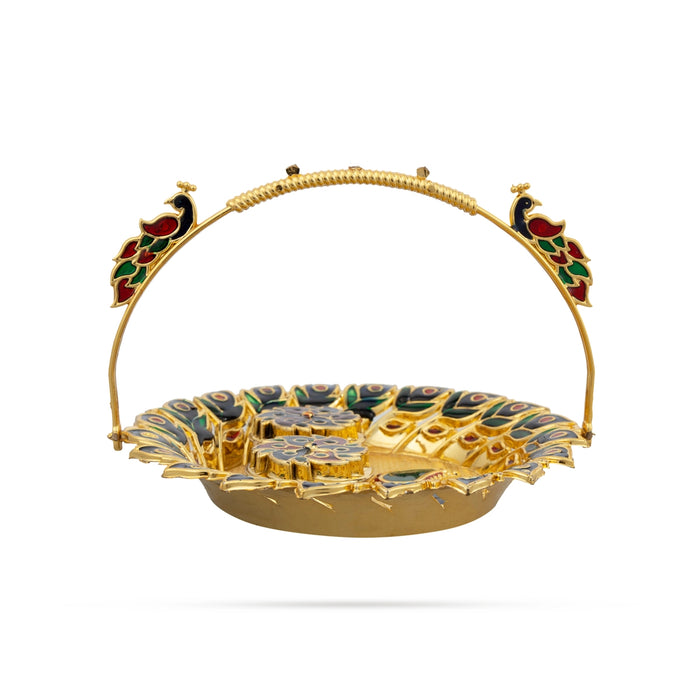 Decorative Kumkum Box With Plate - 0.75 x 6 Inches | Peacock Design Kumkum Bharani/ Sindoor Pot for Home - Sindoor Box