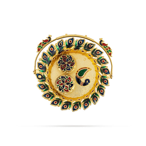 Decorative Kumkum Box With Plate - 0.75 x 6 Inches | Peacock Design Kumkum Bharani/ Sindoor Pot for Home - Sindoor Box