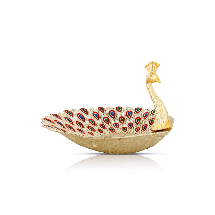 Peacock Design Plate - 8 x 7 Inches | Decorative Plate/ Decorative Tray for Home - Pooja Plate & Tray