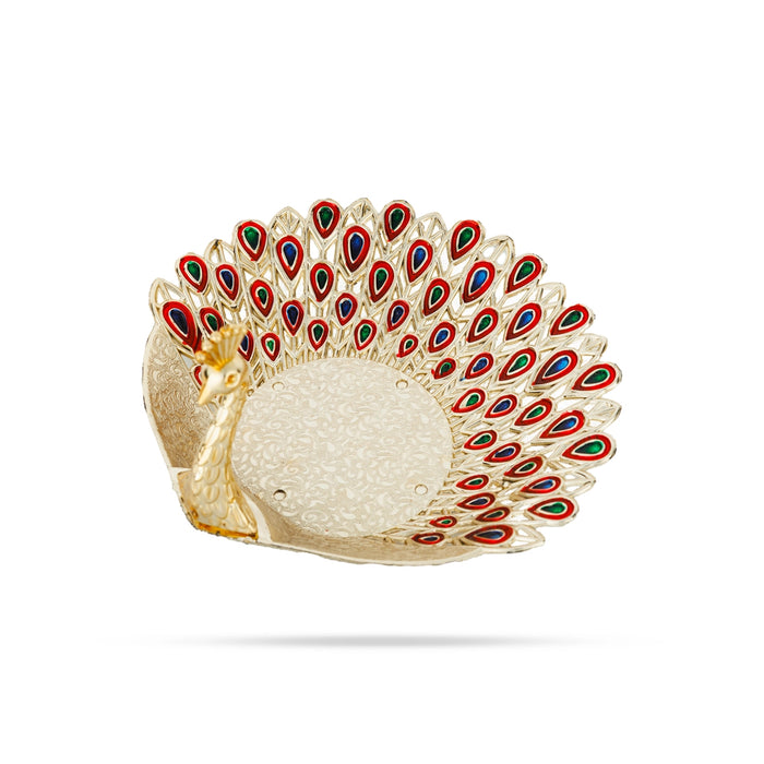 Peacock Design Plate - 8 x 7 Inches | Decorative Plate/ Decorative Tray for Home - Pooja Plate & Tray