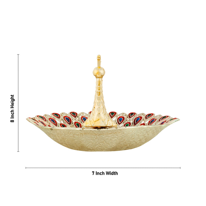 Peacock Design Plate - 8 x 7 Inches | Decorative Plate/ Decorative Tray for Home - Pooja Plate & Tray