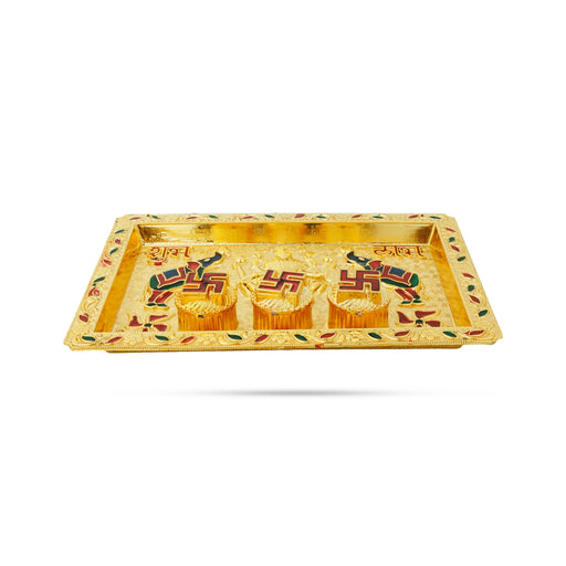 Decorative Plate With Kumkum Box - 6 x 9 Inches | Fancy Tray With Kumkum Bharani for Pooja Decor - Sindoor Box