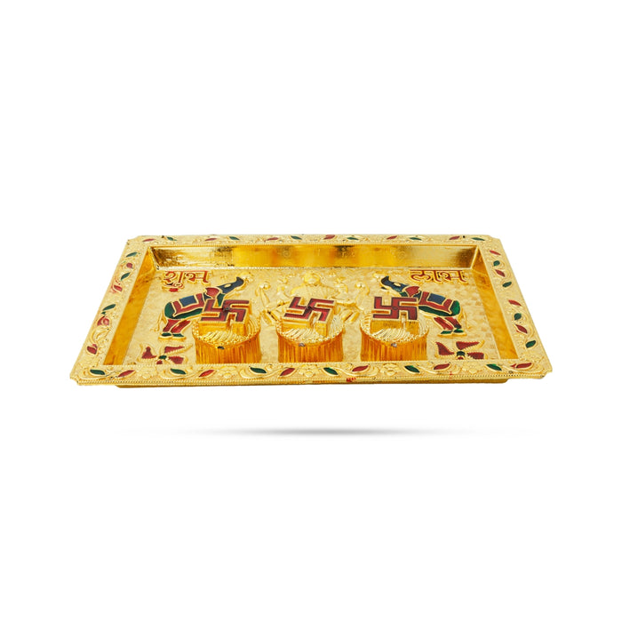 Decorative Plate With Kumkum Box - 6 x 9 Inches | Fancy Tray With Kumkum Bharani for Pooja Decor - Sindoor Box