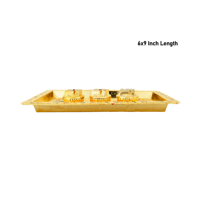 Decorative Plate With Kumkum Box - 6 x 9 Inches | Fancy Tray With Kumkum Bharani for Pooja Decor - Sindoor Box