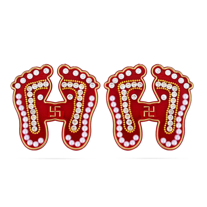 Swastik With Moti Design Paduka Sticker Pair - 2.25 x 2.5 Inches | Red Colour Padham for Pooja Decor - Pooja Box & Paduka