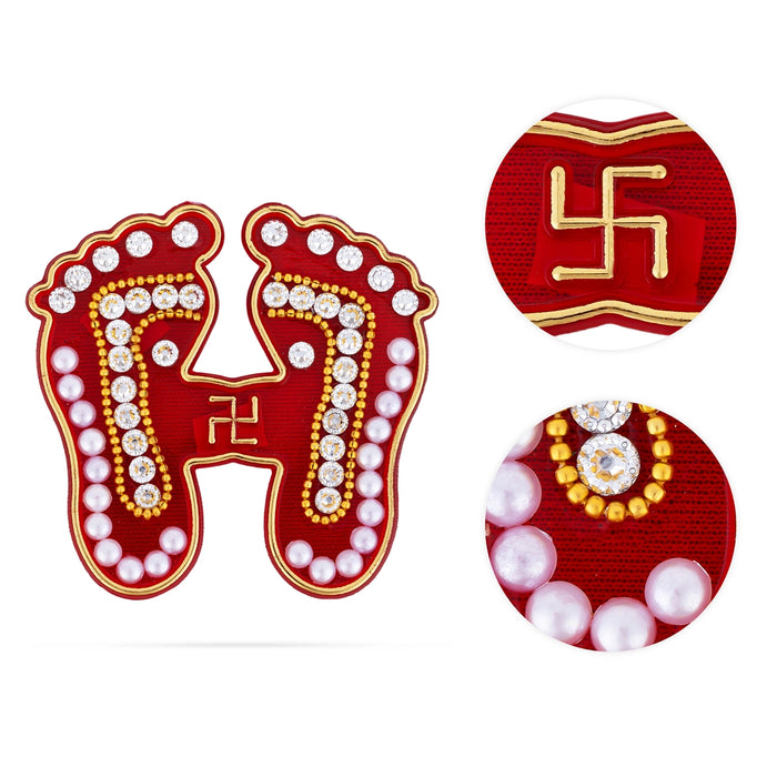 Swastik With Moti Design Paduka Sticker Pair - 2.25 x 2.5 Inches | Red Colour Padham for Pooja Decor - Pooja Box & Paduka