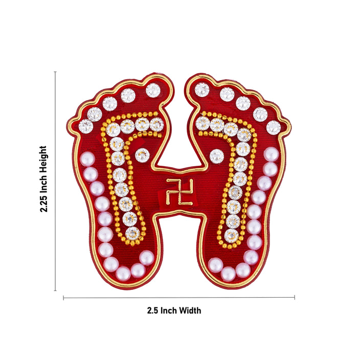 Swastik With Moti Design Paduka Sticker Pair - 2.25 x 2.5 Inches | Red Colour Padham for Pooja Decor - Pooja Box & Paduka