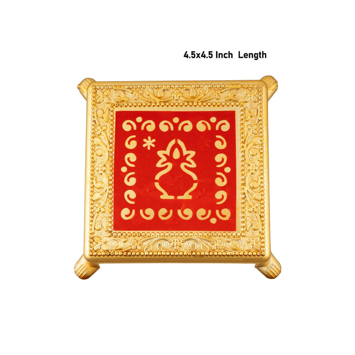Kalash Design Pooja Chowki - 1 X 4.25 Inches | Plastic Bajot/ Gold Polish Patla/ Manai Palagai For Home Decor - Pooja Aasan & Bajot & Pooja Mat
