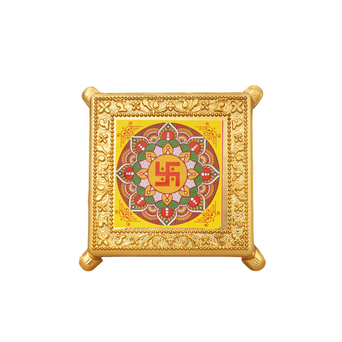 Swastik Design Pooja Chowki - 0.75 X 3 Inches | Plastic Bajot/ Gold Polish Patla/ Manai Palagai For Home Decor - Pooja Aasan & Bajot & Pooja Mat