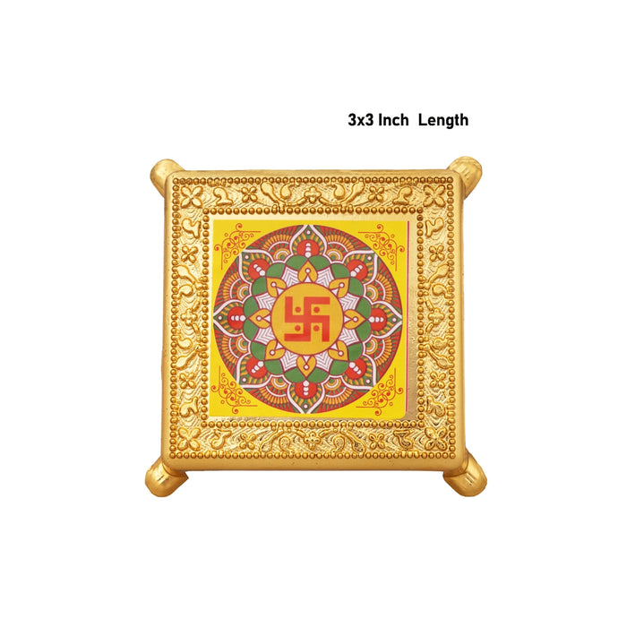 Swastik Design Pooja Chowki - 0.75 X 3 Inches | Plastic Bajot/ Gold Polish Patla/ Manai Palagai For Home Decor - Pooja Aasan & Bajot & Pooja Mat