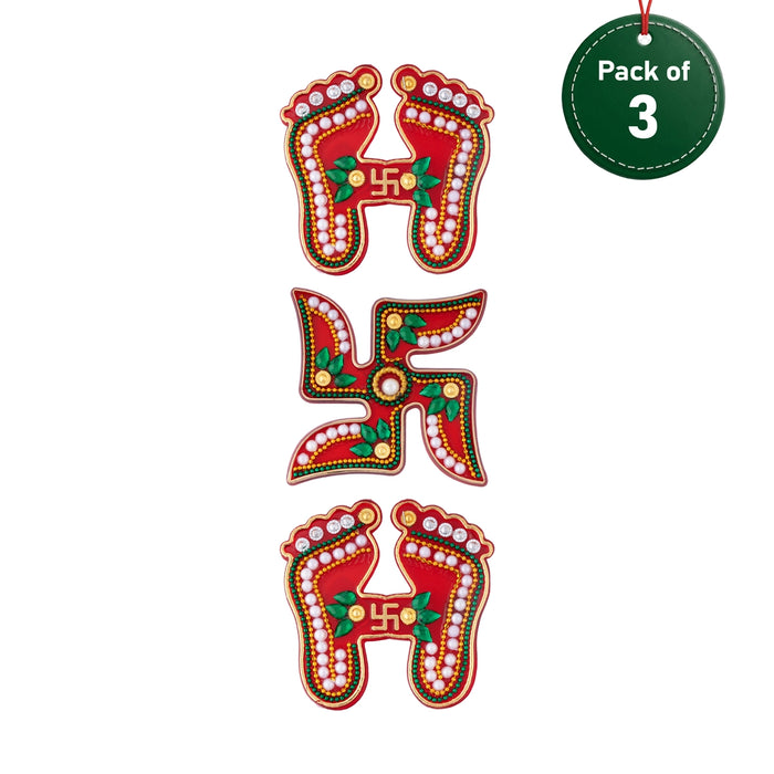 Swastik Padham Sticker - 2.75 x 2.5 Inches | 3 Pcs/ Decorative Swastik & Paduka Sticker/ Padham for Pooja Decor