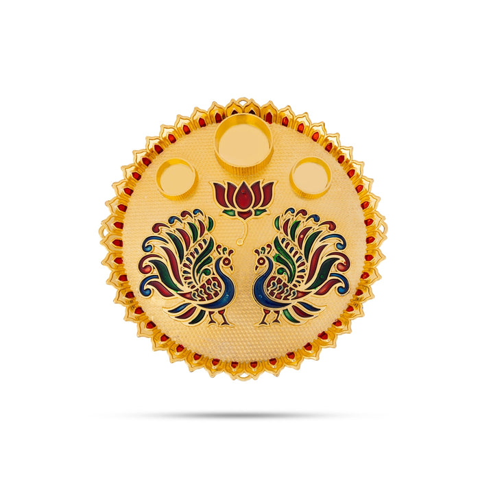 Decorative Plate With 3 Kumkum Box - 11 Inches | Sindoor Pot/ Peacock & Lotus Design Kumkum Bharani for Pooja - Sindoor Box