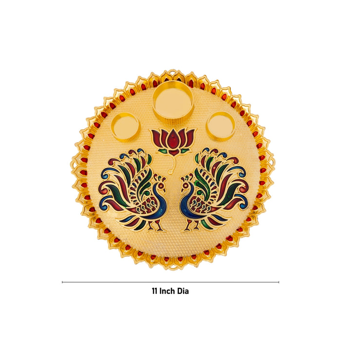 Decorative Plate With 3 Kumkum Box - 11 Inches | Sindoor Pot/ Peacock & Lotus Design Kumkum Bharani for Pooja - Sindoor Box
