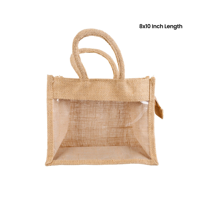 Jute Bag With Zip - 8 x 10 Inches | Transparent Cover Gift Bag/ Jute Handbag/ Jute Carry Bag for Return Gift - Bags & Pouches