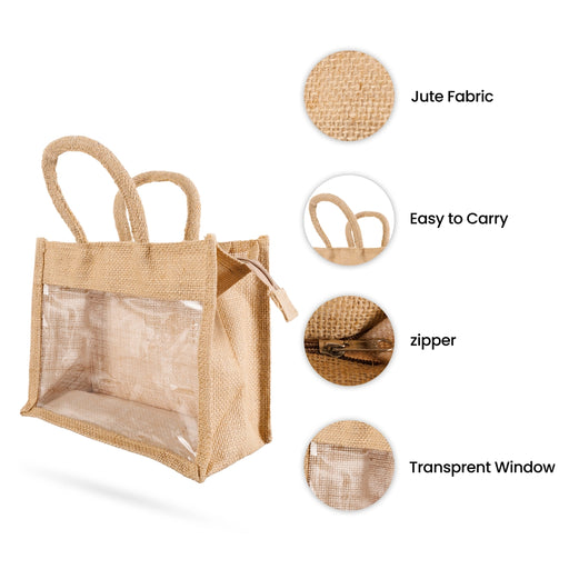Jute Bag With Zip - 8 x 10 Inches | Transparent Cover Gift Bag/ Jute Handbag/ Jute Carry Bag for Return Gift - Bags & Pouches