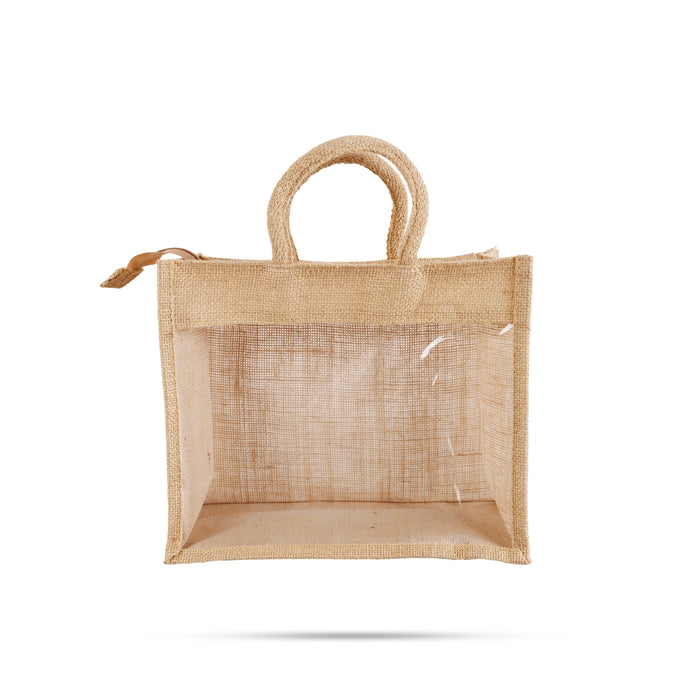 Jute Bag With Zip - 10 x 12 Inches | Transparent Cover Gift Bag/ Jute Handbag/ Jute Carry Bag for Return Gift - Bags & Pouches
