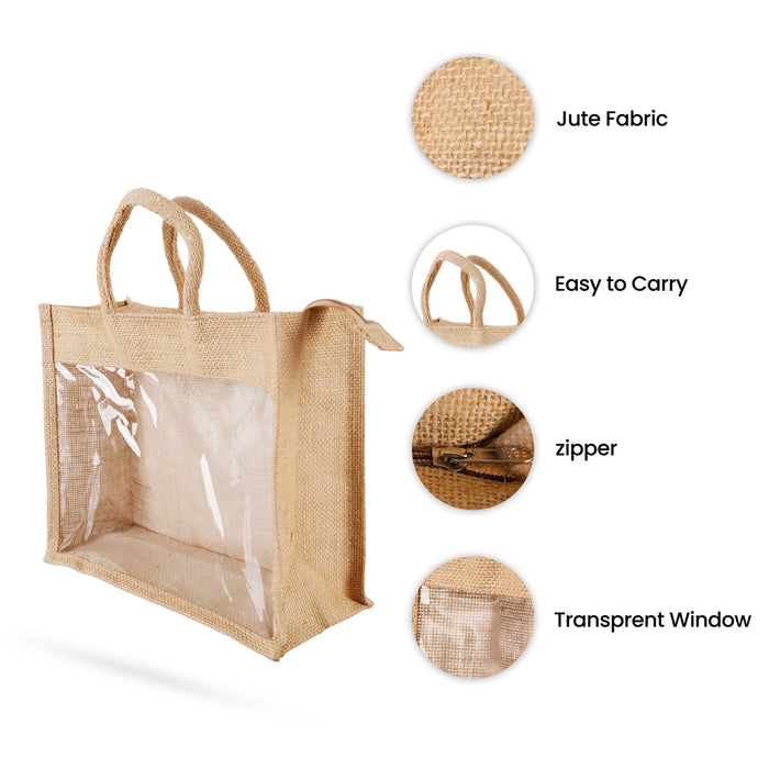 Jute Bag With Zip - 10 x 12 Inches | Transparent Cover Gift Bag/ Jute Handbag/ Jute Carry Bag for Return Gift - Bags & Pouches