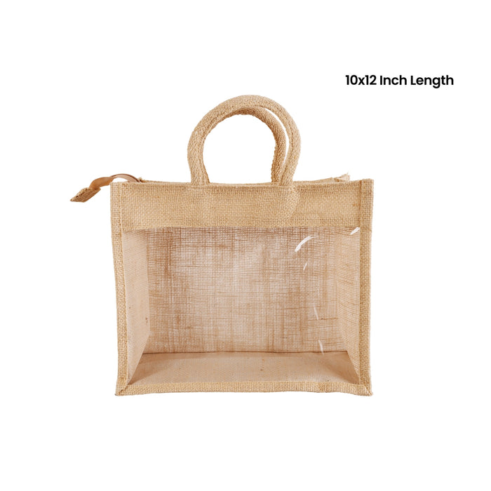 Jute Bag With Zip - 10 x 12 Inches | Transparent Cover Gift Bag/ Jute Handbag/ Jute Carry Bag for Return Gift - Bags & Pouches