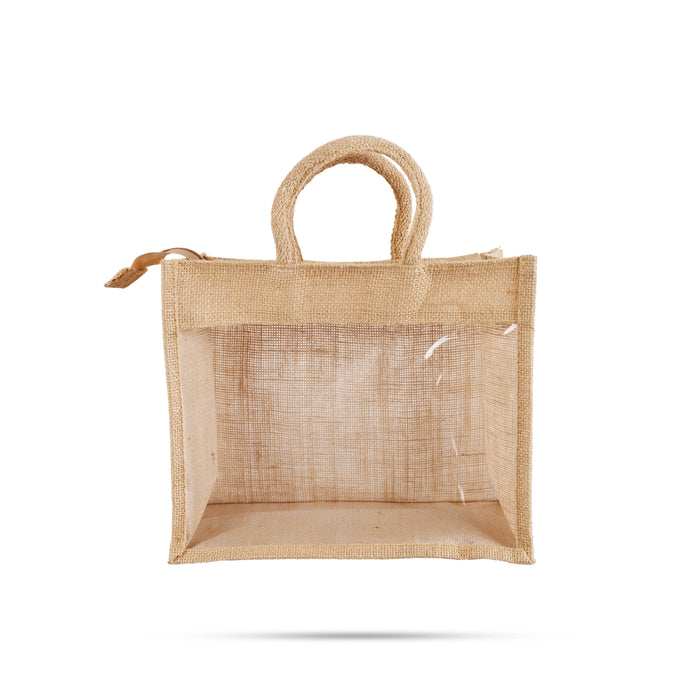 Jute Bag With Zip - 12 x 14 Inches | Transparent Cover Gift Bag/ Jute Handbag/ Jute Carry Bag for Return Gift - Bags & Pouches