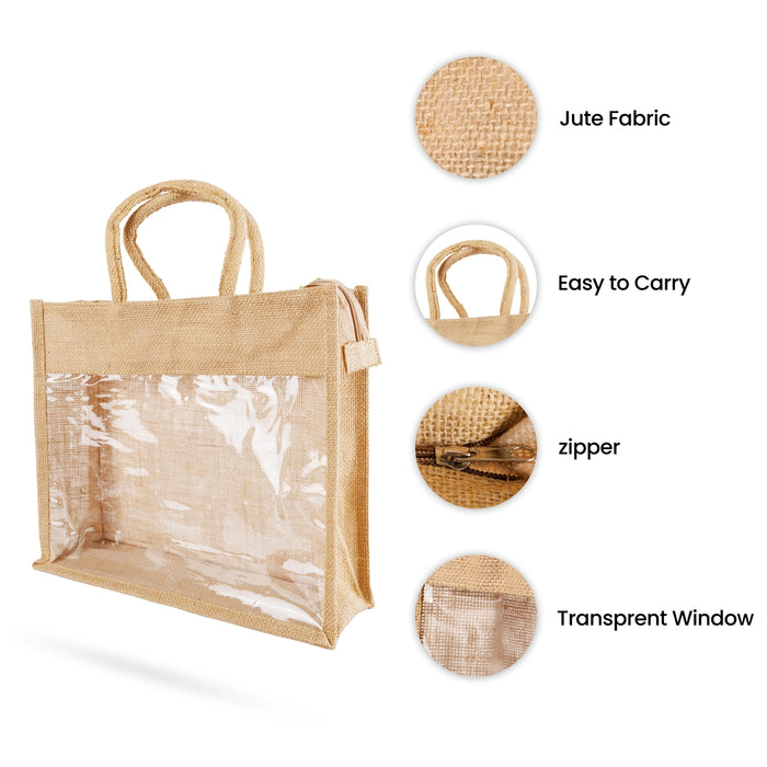 Jute Bag With Zip - 12 x 14 Inches | Transparent Cover Gift Bag/ Jute Handbag/ Jute Carry Bag for Return Gift - Bags & Pouches