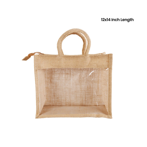 Jute Bag With Zip - 12 x 14 Inches | Transparent Cover Gift Bag/ Jute Handbag/ Jute Carry Bag for Return Gift - Bags & Pouches