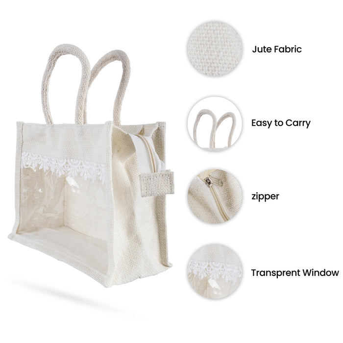 Jute Bag With Zip - 8 x 10 Inches | Transparent Cover Gift Bag/ Lace Design Jute Carry Bag for Return Gift - Bags & Pouches