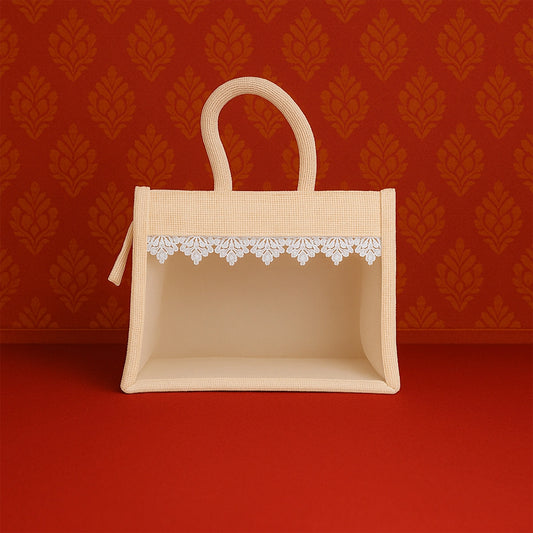 Jute Bag With Zip - 12 x 10 Inches | Transparent Cover Gift Bag/ Lace Design Jute Carry Bag for Return Gift - Bags & Pouches