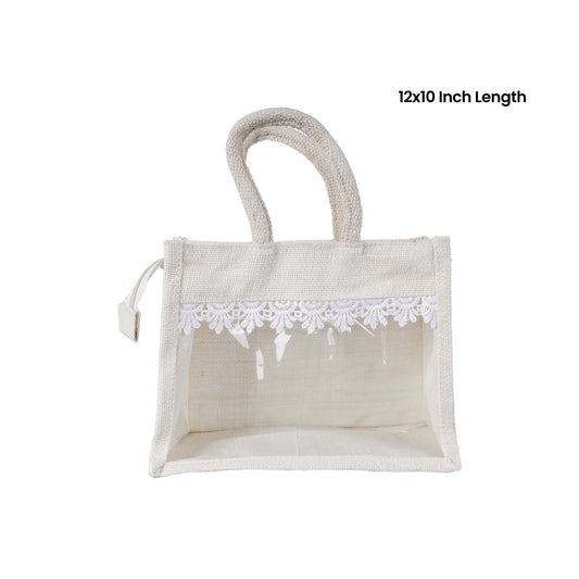 Jute Bag With Zip - 12 x 10 Inches | Transparent Cover Gift Bag/ Lace Design Jute Carry Bag for Return Gift - Bags & Pouches