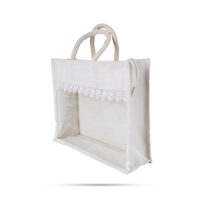 Jute Bag With Zip - 12 x 14 Inches | Transparent Cover Gift Bag/ Lace Design Jute Carry Bag for Return Gift - Bags & Pouches