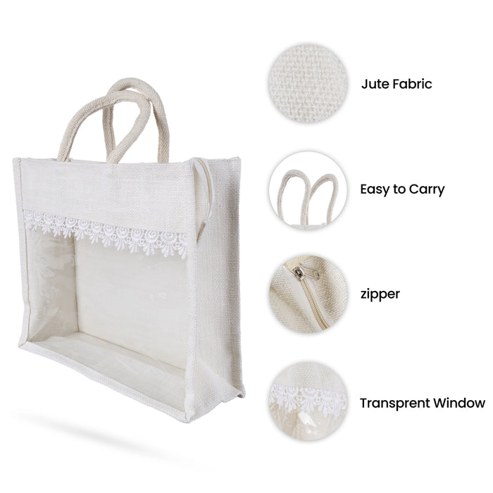 Jute Bag With Zip - 12 x 14 Inches | Transparent Cover Gift Bag/ Lace Design Jute Carry Bag for Return Gift - Bags & Pouches