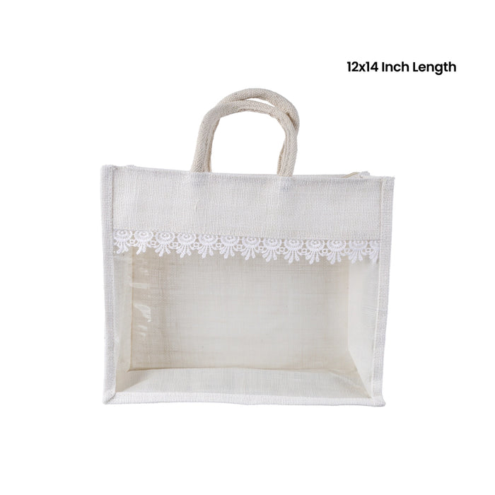 Jute Bag With Zip - 12 x 14 Inches | Transparent Cover Gift Bag/ Lace Design Jute Carry Bag for Return Gift - Bags & Pouches