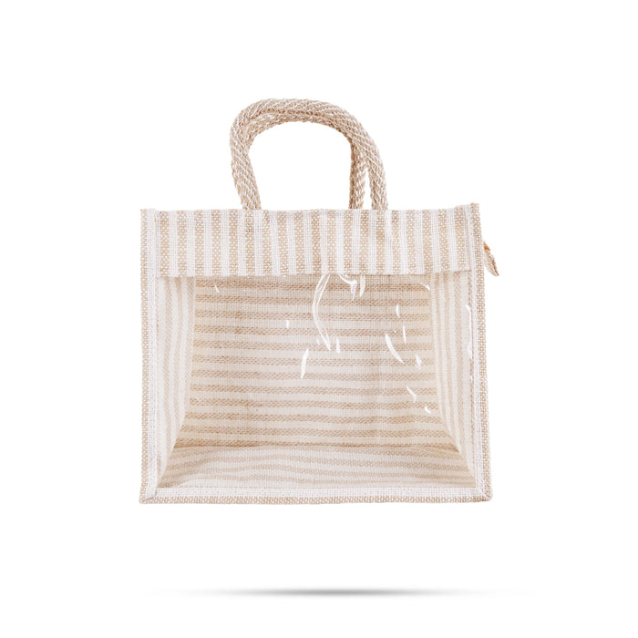Jute Bag With Zip - 8 x 10 Inches | Transparent Cover Gift Bag/ White Stripes Design Jute Handbag for Return Gift - Bags & Pouches