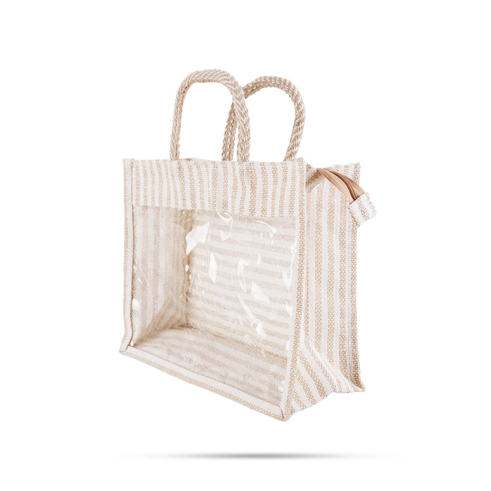 Jute Bag With Zip - 8 x 10 Inches | Transparent Cover Gift Bag/ White Stripes Design Jute Handbag for Return Gift - Bags & Pouches